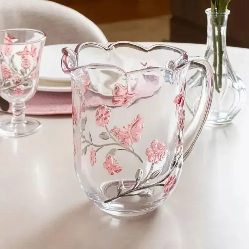 Conjunto Jarra Com Taça 240ml Lys Florido Rosa 7 Peças Elegante Lyor