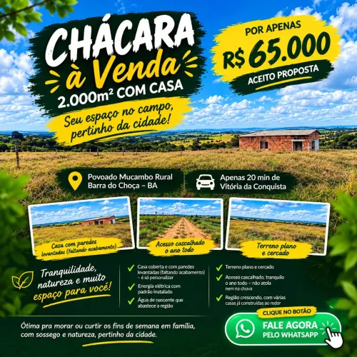 Chácara 2.000m² com Casa por R$ 65 Mil - 20 min de Vitória da Conquista