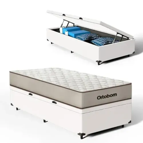 Colchão Solteiro Premium Ortobom e Base Baú Solteiro Suede cor Branco