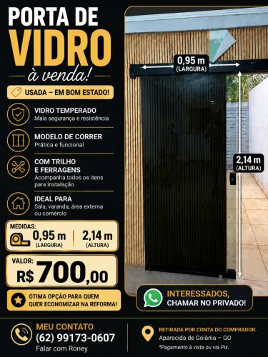Porta de Vidro Temperado de Correr - 0,95 x 2,14m - R$ 700