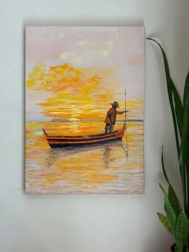Quadro de pintura óleo sobre tela painel espatulado O Pescador