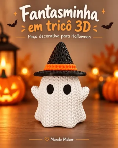 Fantasminha decorativo de Halloween em impressão 3D, com textura de tricô!