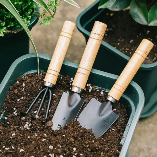 kit 3pcs jardinagem pá pequena pá media garfo madeira e aço 17 cm vi-2715