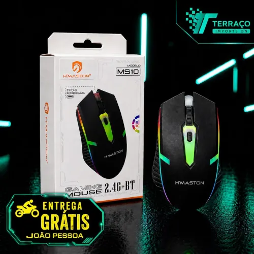 MOUSE GAMER SEM FIO HMASTON MS10 RGB RECARREGÁVE