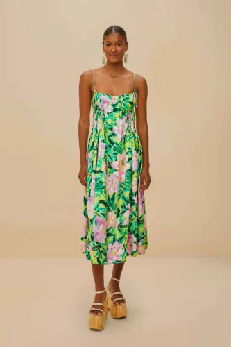 Vestido Midi Farm Rio Floral Verde Limoeiro Linho P