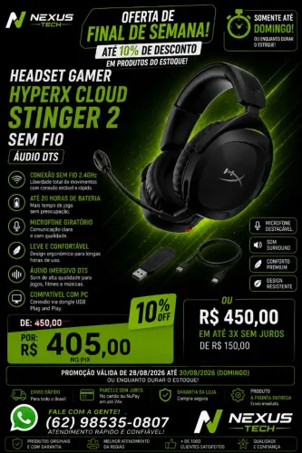 Headset Gamer HyperX Cloud Stinger 2 Wireless Sem Fio DTS PC