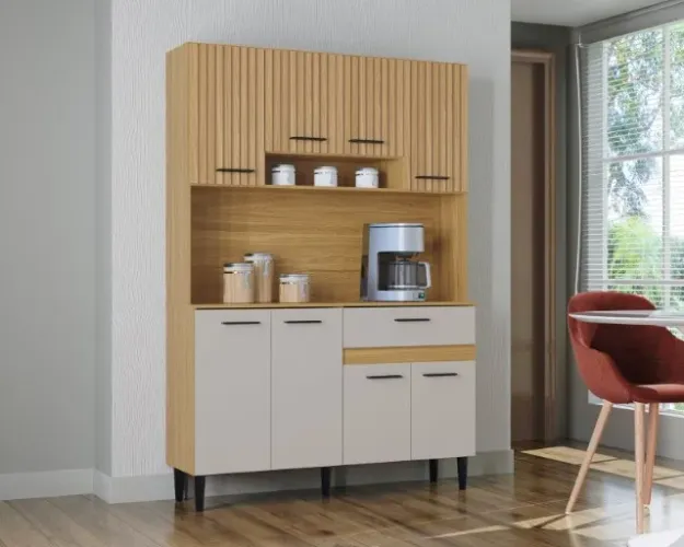 Armário de Cozinha Carol 8Pts 1Gv Damasco Ripado 3D/Off White Poquema - Entrega Rápida!