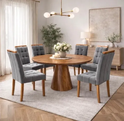 Conjunto de Jantar Redondo Elegance 6 Lugares Amadeirado com Veludo Grafite