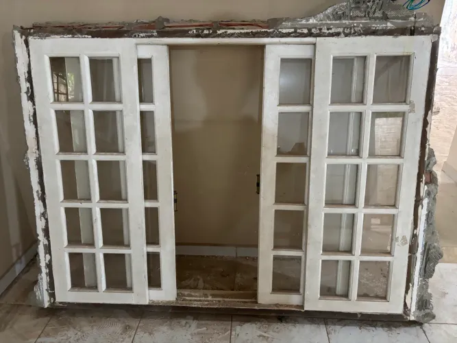 Janela de madeira 4 folhas 200x120 branca grande vidro esquadria