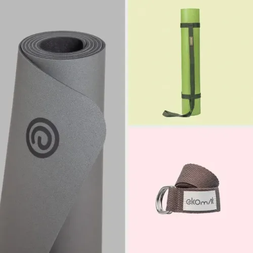 Kit yoga Ekomat: tapete PU PRO 4mm cinza, 2 blocos, alça e cinto