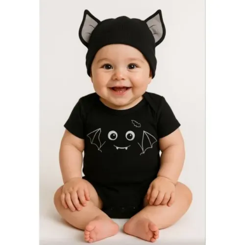 Kit Infantil Bebê Body Temático Morcego Preto Fantasia G