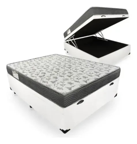 Colchão Casal Espuma D33 + Cama Box Baú cor Coelho Branco