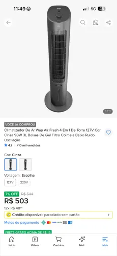 Ventilador/Climatizador de Ar Wap 110v.