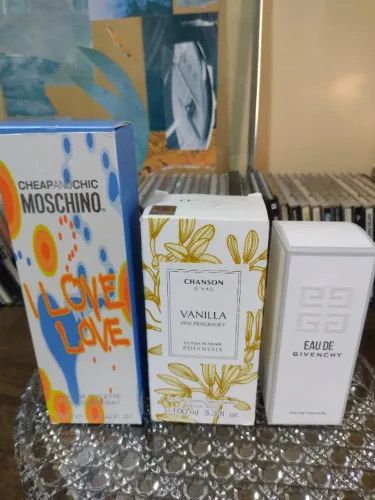 Perfumes Eau de Givenchy, I Love Love Moschino e Chanson D'eu Vanilla