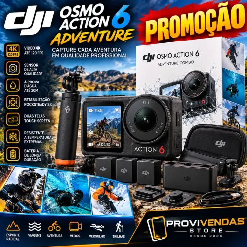DJI Osmo Action 6 Adventure Combo 4K 120FPS Prova D'Água 20m Estabilização RockSteady 3.0.