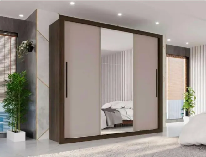 Guarda Roupa Premium 3 Portas de Correr com Espelho Savana/Off White