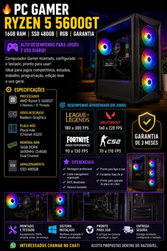 PC Gamer Novo Ryzen 5 5600GT + Vega 7 | 16GB RAM | Ideal p/ Jogos e Estudos