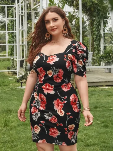 Vestido floral - Plus Size - com manga princesa - bufante - 46/48