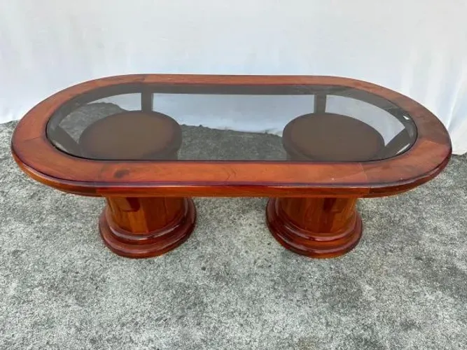 Mesa Centro oval Madeira clara Tampo de vidro Fumê travas sustentação pés colunas *
