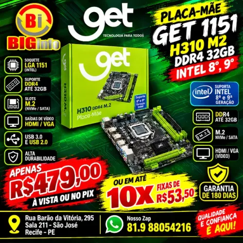 Placa-Mãe Get H310 DDR4 M2, Suporta Intel 8a/9a gerações até 32GB, SATA, NVMe - Em ate 10x