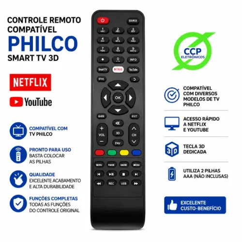 Controle Remoto compatível TV Philco Smart 3D Netflix YouTube