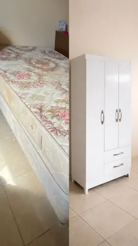 Conjunto- roupeiro duas portas + cama de solteiro (colchão + box)