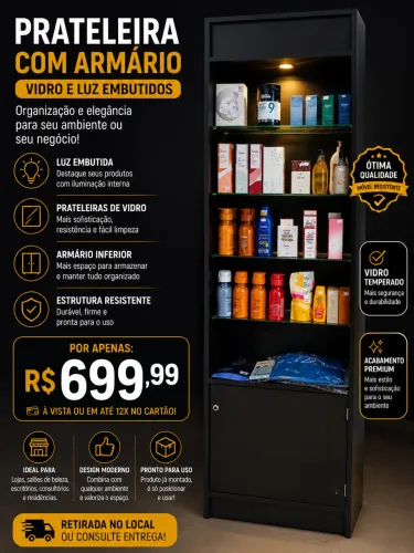Balcão expositora com led e caixa. Prateleira de madeira com luz, vidro e armário.