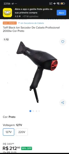 Secador Taiff Black Íon 127V