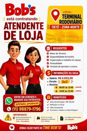 Contrata-se para bobs rodoviária do Tietê