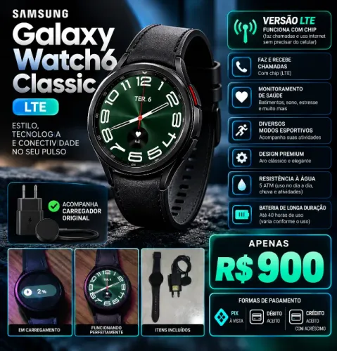 Samsung Galaxy Watch6 Classic LTE Preto + Carregador Original