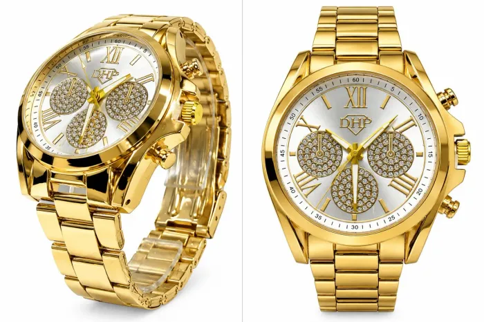Relógio Dourado Luxo Feminino A prova d'água Brilho Intenso
