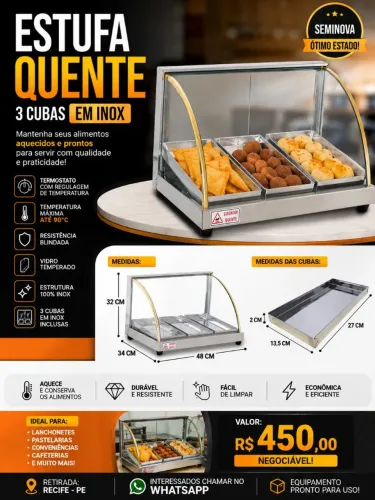 Estufa Quente 3 Cubas Inox Semi Nova - Ótimo Estado