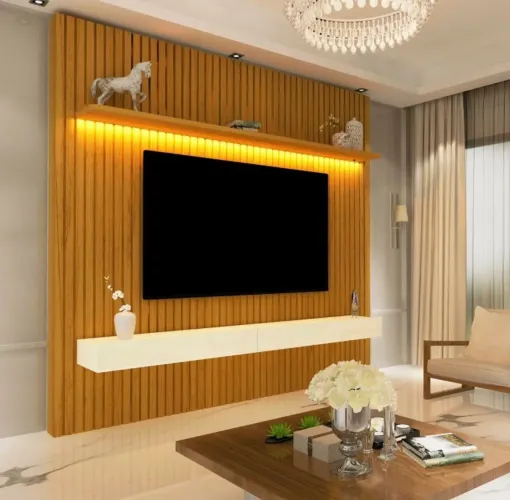 Painel para TV até 75 Polegadas 250cmx184cm Ripado com LED 2 Gavetas 100% MDF Nobre