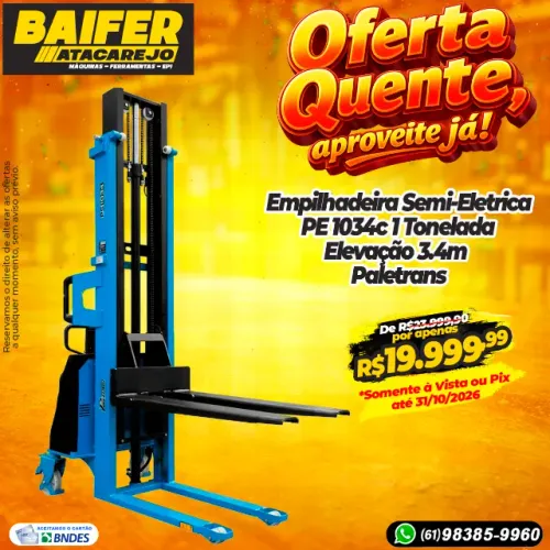 Empilhadeira Semi-Eletrica PE 1034c 1 Tonelada Elevação 3.4m Paletrans