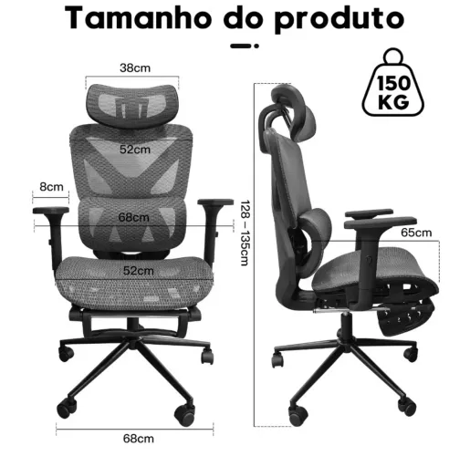 Cadeira ergonômica inclinável 135° e suporta 150kg