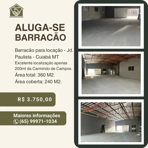 ALUGUEL BARRACÃO, BAIRRO JARDIM PAULISTA, ÓTIMA LOCALIZAÇÃO, 200MT DA CARMINDO DE CAMPOS