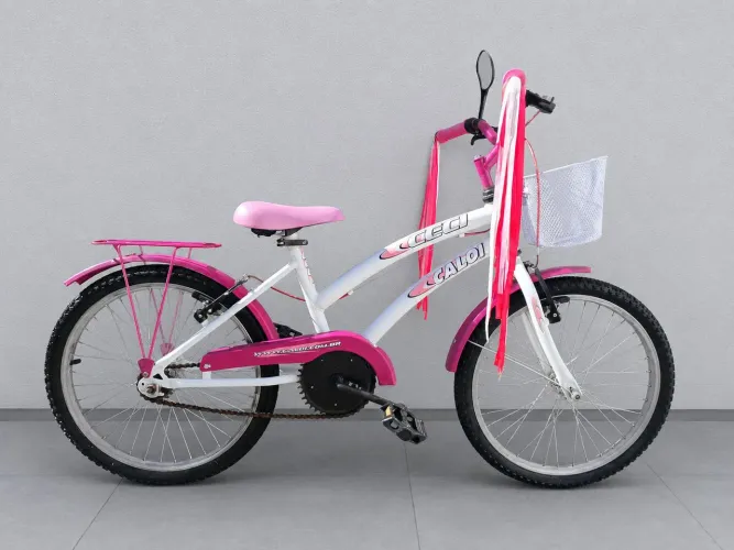 Bicicleta infantil Aro 20 branca e rosa com cestinha