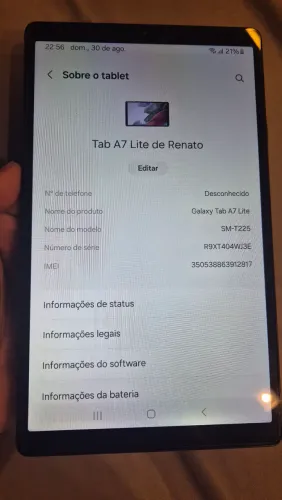 Samsung Galaxy Tab A7 Lite 8.7" 4G (SM-T225) 32GB - Único Dono / Impecável
