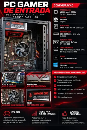 Computador Gamer de entrada Ryzen 3 16Gb DDR4 SSd 240 HD 1Tb GT 1030 2Gb