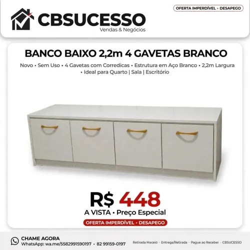 Banco Baixo 2,2m 4 Gavetas Branco - Novo Sem Uso - R$448 - Maceió