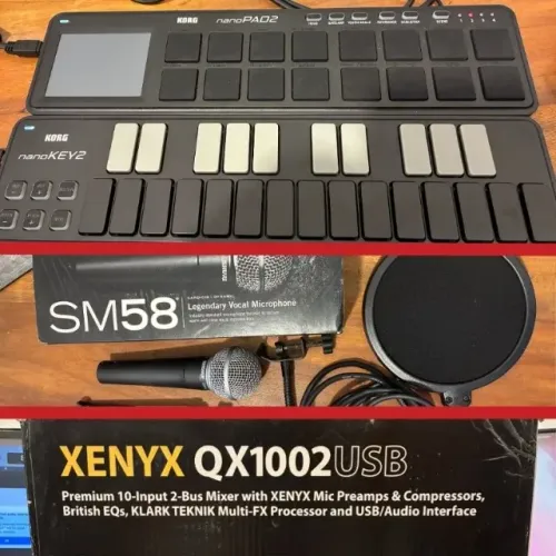 Microfone Shure SM58 + Bheringer Xenyx QX1002USB + Korg NanoKey 2 e NanoPad 2