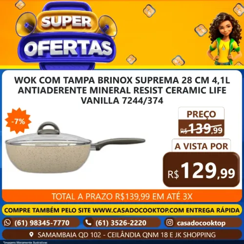 WOK COM TAMPA BRINOX SUPREMA 28 CM 4,1L ANTIADERENTE MINERAL RESIST CERAMIC LIFE VANILLA