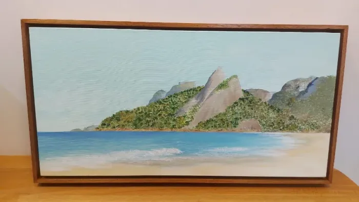 Quadro Pintura Paisagem Ipanema Rio de Janeiro 60x30 cm Acrilica Autoral com Moldura