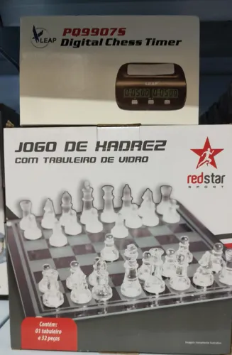 Kit jogo de xadrez com relogio tabuleiro vidro 