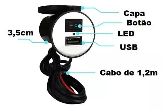 Carregador USB com Botão e LED para motos