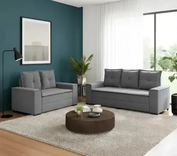 Conjunto sofa estofado na cor cinza 