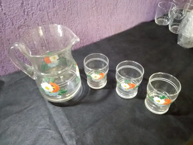 JARRA E COPOS VIDRO - ANOS 70 - 4 PÇS