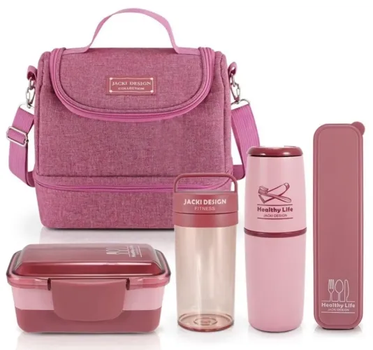 kit conjunto bolsa térmica marmita rosa com utensílios 