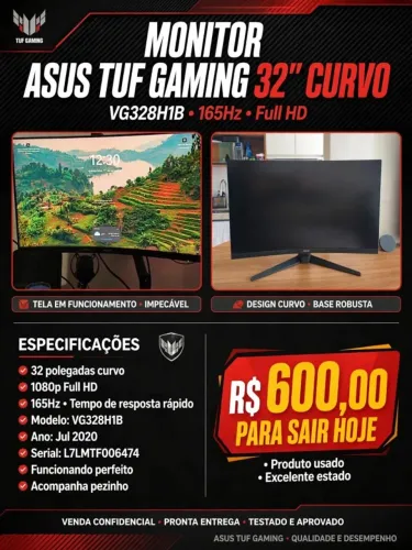 Monitor ASUS 32" Tela Curva - 165hz