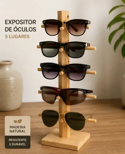 Expositor de óculos em madeira natural com capacidade para 5 óculos